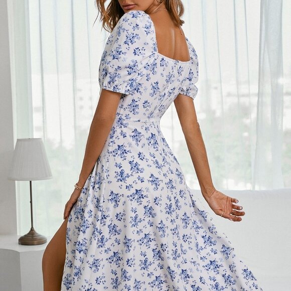 Blue & White Boho Womens Allover Floral Knot Split Thigh A-line Dress - Picture 3 of 5